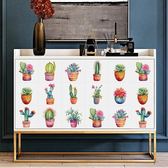 Ulticool Décoration carrelages Autocollant - Cactus Plante en Pot - 15x15 cm - 15 pièces Autocollants de Carrelage en Film Adhésif Stickers muraux - Carrelage Autocollant - Sticktiles - Salle de Bain - Cuisine