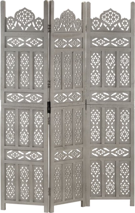 Kamerscherm met 3 panelen handgesneden 120x165 cm mangohout wit