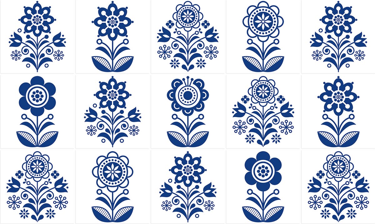 Plaktegels Zelfklevende Tegels - 15x15 cm - Ulticool - Decoratie Sticker Tegels - Delfts Blauw Folklore Bloemen Wit - 15 stuks - Plakfolie Tegelstickers - Muurstickers - Sticktiles Muurstickers Woonkamer Kinderkamer Decoratiefolie - Badkamer – Keuken