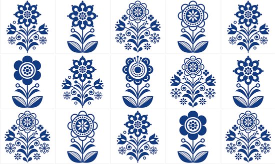 Ulticool Decoratie Sticker Tegels - Folklore Bloemen Blauw Wit - 15x15 cm - 15 stuks Plakfolie Tegelstickers - Plaktegels Muurstickers Zelfklevend - Sticktiles - Badkamer – Keuken