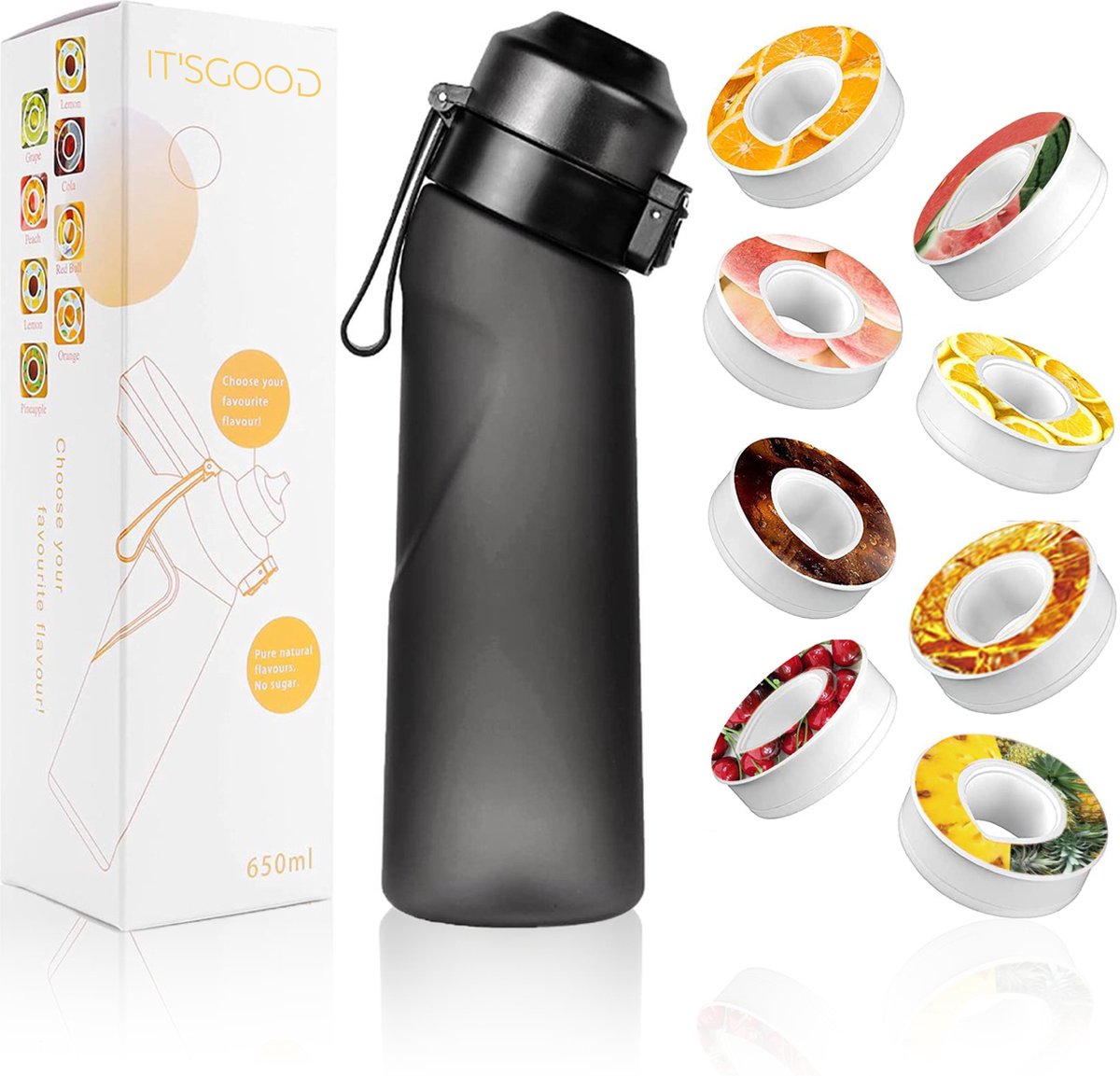 It'sgood - Air Water Up Fles met 8 Pods - ZWART - 650 ml - Drinkfles - Fles - Waterfles voor Sport - BPA-vrij - Starterset - Starterskit - Aromacapsules 0 suiker
