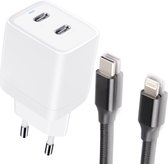 Chargeur Dual USB C + câble USB-C vers Lightning - 2 mètres - Convient pour iPhone 14 Fast Charger, iPad 2021 et versions antérieures - Phreeze Original
