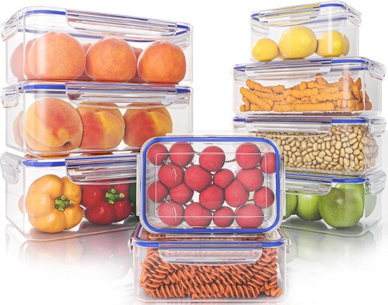 18 Stuks plastic Luchtdichte Voedselopslagcontainer (9 Containers, 9 Deksels) Plastic voedselcontainers voor keuken, pantry – Microgolfoven- en Diepvriesbestendig, Lekvrij - BPA-Vrij