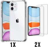 Casemania Hoesje Geschikt voor Apple iPhone 11 Transparant & 2X Glazen Screenprotector - Anti Shock Hybrid Back Cover