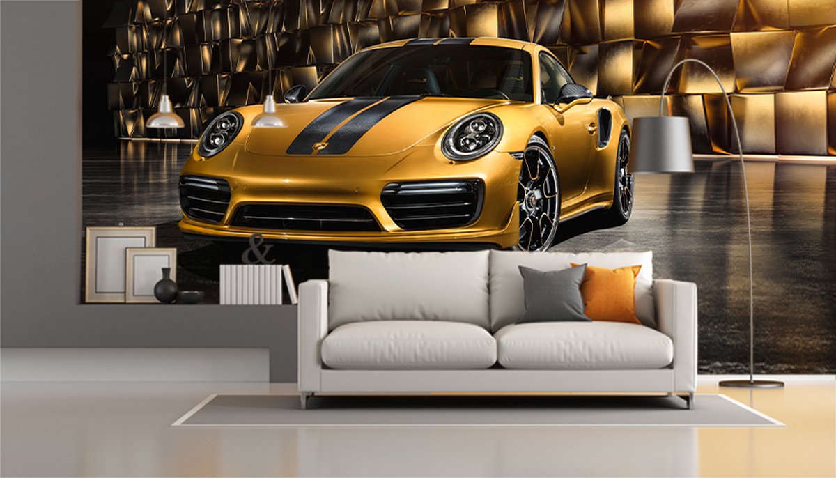 Fotobehang Porsche 911 turbo S goud - uit 1 stuk, Naadloos Fotobehang - H280-B450cm - op elk formaat leverbaar