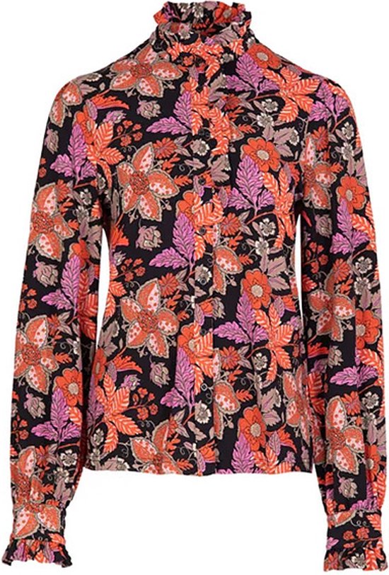 Chemisier noir à manches longues avec un motif floral et feuillage multicolore.