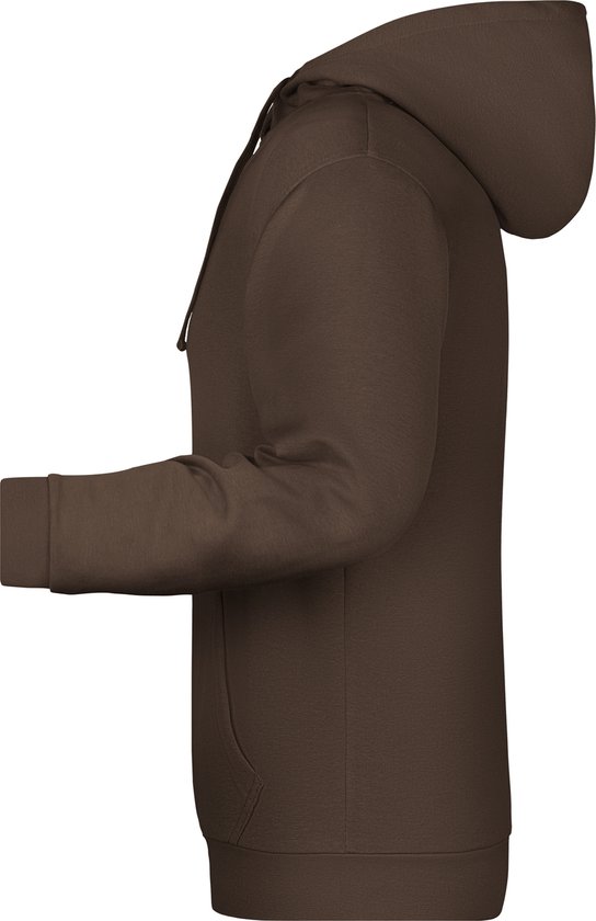 Zij-aanzicht van een effen bruine hoodie met capuchon.