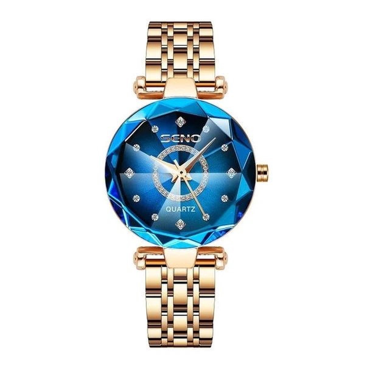 Dameshorloge Fashion Jewelry Seno - RVS - Waterdicht - Rose Goud-Blauw- Horloges voor Vrouwen- Dames Horloge- Dameshorloge - Meisjes Horloges - Goud-Moederdag-Cadeau