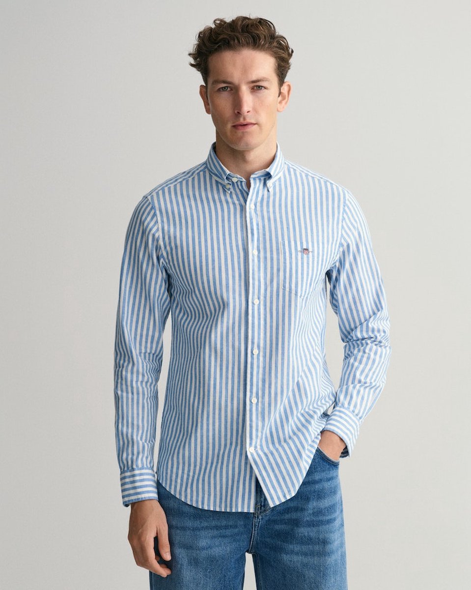 SINGLES DAY Gant Casual Overhemd Streep Linnen Blauw Heren Maat 3XL Regular fit bol