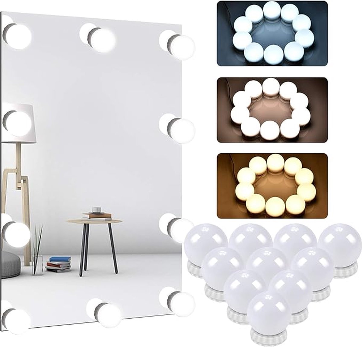 Hollywood Spiegellampen – Spiegelverlichting met 10 LED Lampen – Aansluiting via USB - Dimbare Make Up Spiegel Lamp – 4 Meter Kabel - 3 Instelbare Kleurtinten