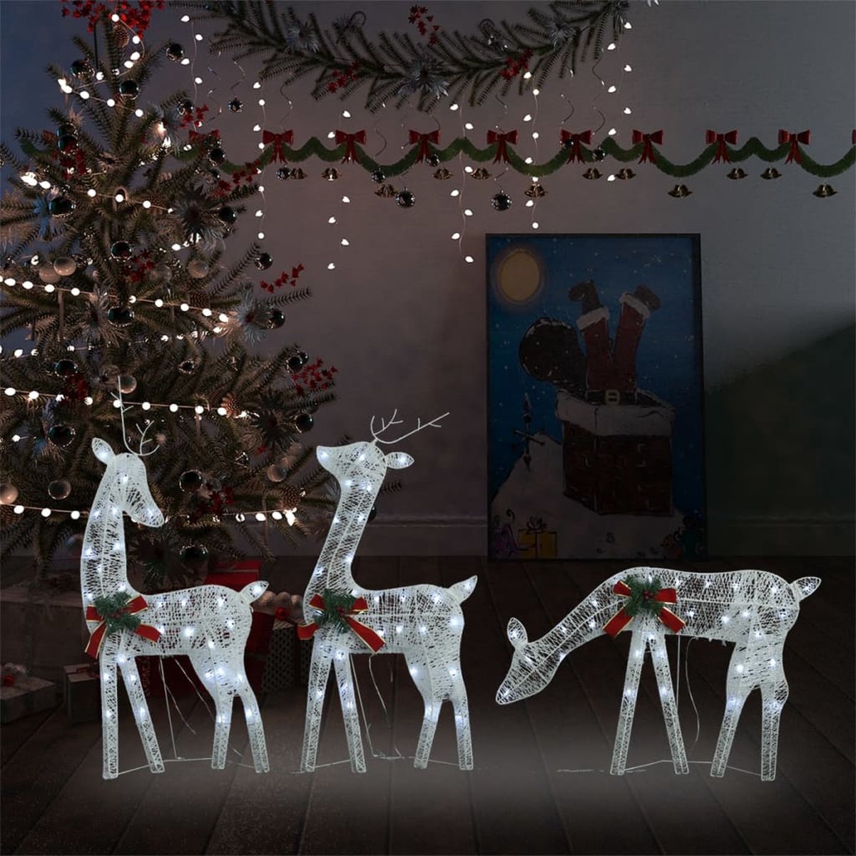 Beroli - Rendierfamilie Kerstmis - Koudwit - 270x7x90 cm - Mesh - Wit: Feestelijke en Sfeervolle Kerstdecoratie met Prachtige Rendierfamilie