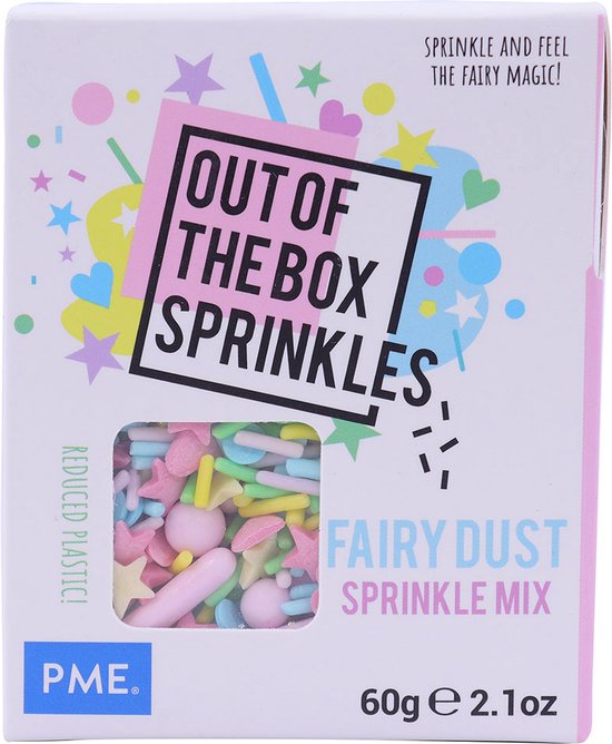 Doosje PME Out of the Box Sprinkles 'Fairy Dust' met pastelkleurige strooisels in een raam en gewichtsaanduiding.
