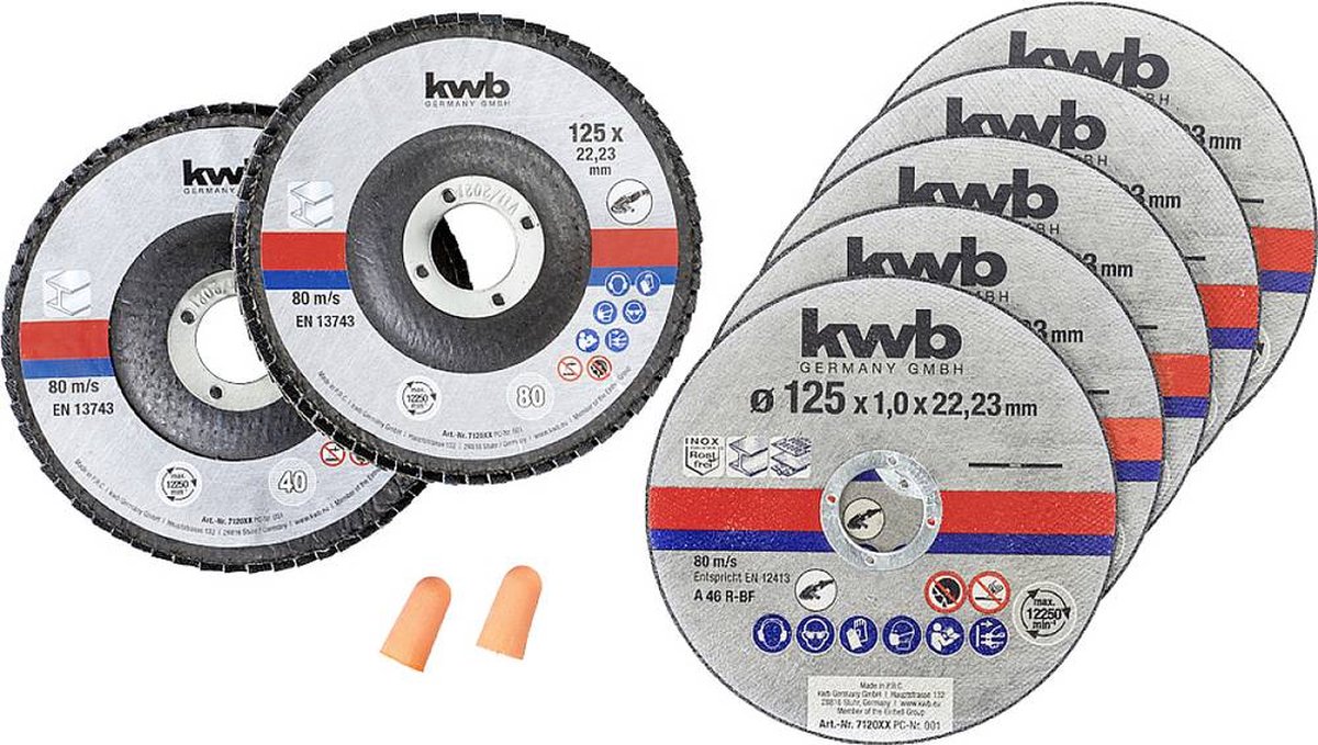 KWB doorsnij- slijpset Ø 125 mm 5x snijschijf + 2x slijpmop + gehoorbeschermers In cassette 712052