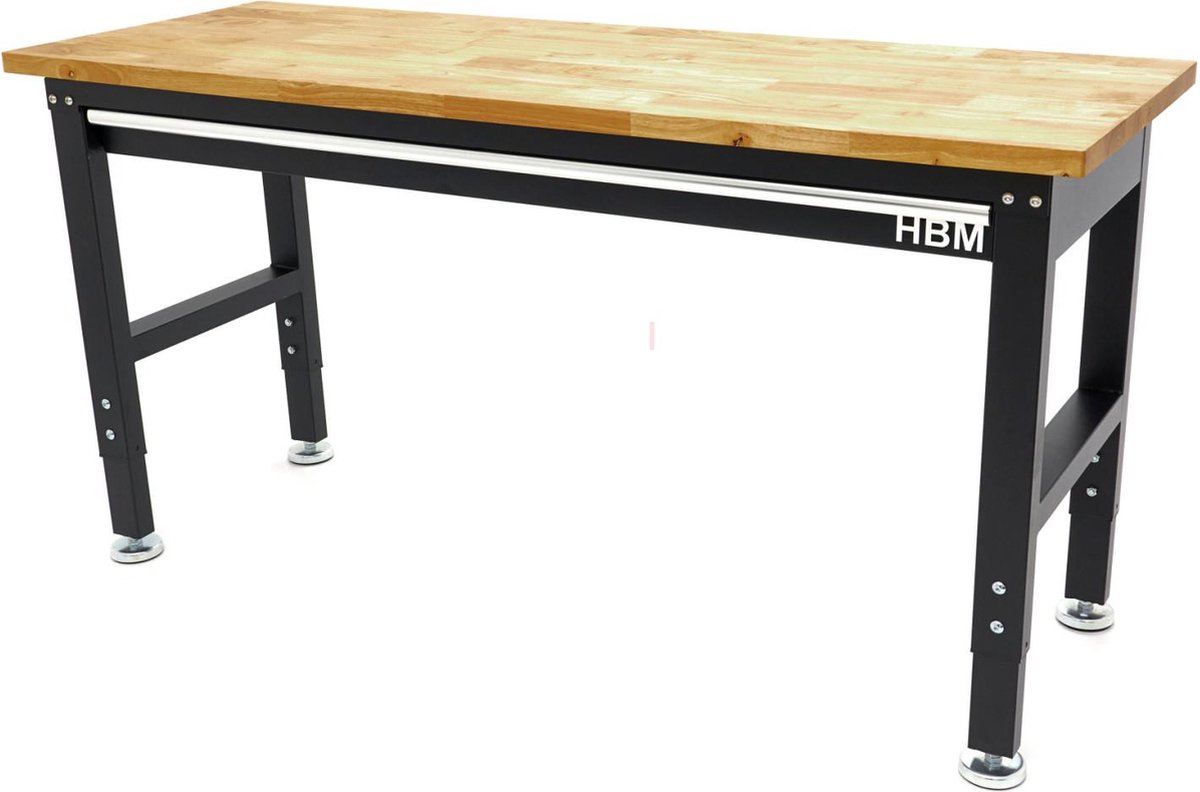 HBM in hoogte verstelbare werkbank 152 cm met massief houten werkblad, lade en metalen behuizing, max. belasting 1125 kg