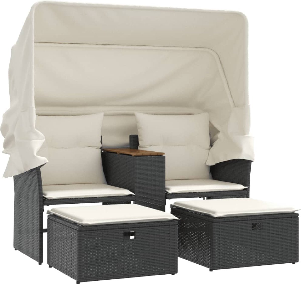 vidaXL Tuinbank - 2-zits - met - luifel - en - voetenbanken - poly - rattan - zwart