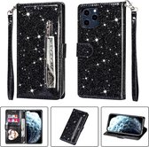 Portemonnee Hoesje - Wallet Case - Rits Sparkly Glitter - Telefoonhoes met Kord Geschikt voor: Apple iPhone 12 Pro - Zwart