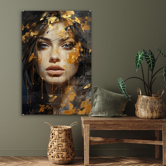 MuchoWow® Peinture sur verre 80x120 cm - Peinture sur verre - Femme - Portrait - Abstrait - Art - Or - Photo sur verre acrylique - Décoration murale murale salon - Décoration murale chambre - Peintures
