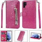 Portemonnee Hoesje - Wallet Case - Rits Sparkly Glitter - Telefoonhoes met Kord Geschikt voor: Samsung Galaxy S23 Ultra - Roze