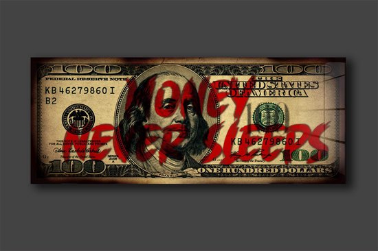 Money never sleeps limited edition schilderij op plexiglas 120x50cm