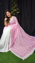 PARTY WEAR LAKHNOUWI WORK GEORGETTE WITH HAKOBA MIX MATCH SAREE-BABY PINK WHITE