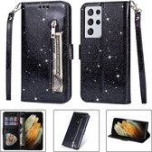 Portemonnee Hoesje - Wallet Case - Rits Sparkly Glitter - Telefoonhoes met Kord Geschikt voor: Samsung Galaxy S21 Ultra - Zwart
