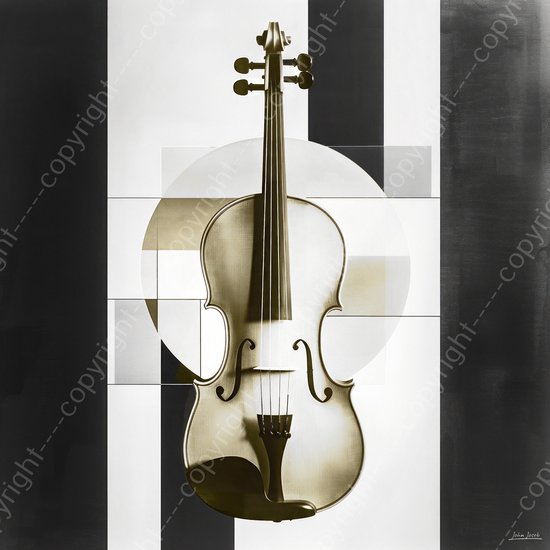 JJ-Art (Aluminium) 80x80 | Viool, Mondriaan stijl, kubisme, abstract, kunst | muziek, muziekinstrument, zwart wit, bruin, modern, vierkant | foto-schilderij op dibond, metaal wanddecoratie