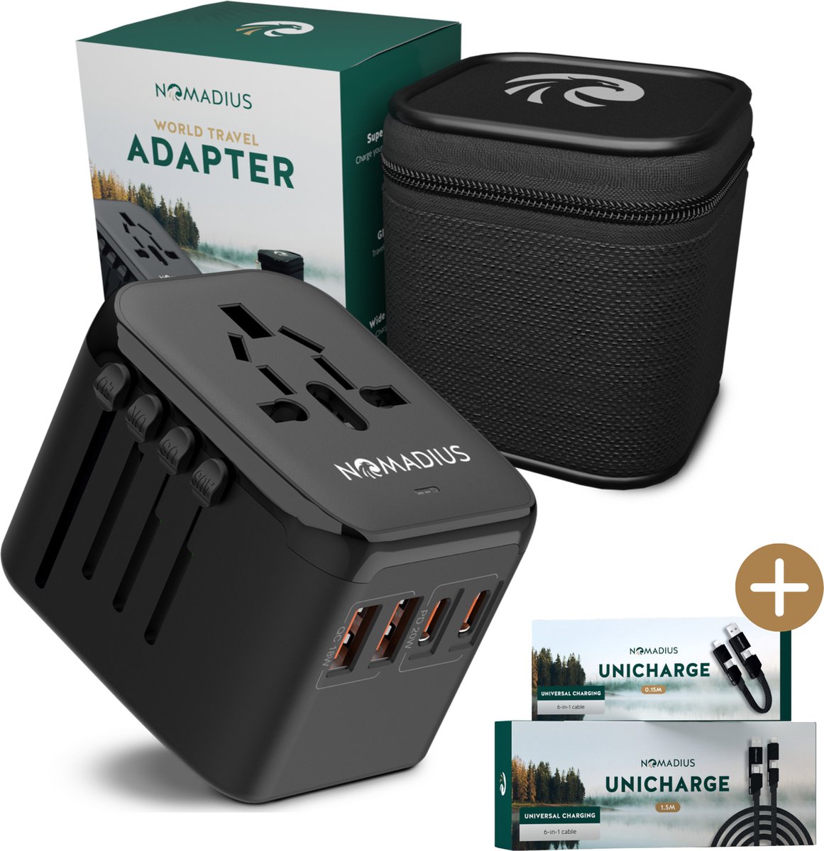 Nomadius Wereldstekker Reisbundel - Reisstekker + UniCharge 1.5M & 0.15M Oplaadkabel - Alles-in-één Reis Stekker & Oplaad Kabel Set - USB C - USB A - Lightning - iPhone Snellader - Samsung - usb c naar usb c - Wereldstekkers - Multifunctioneel op Prijzenvolger.com