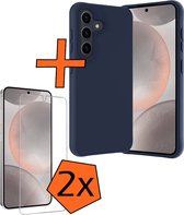 Hoesje Geschikt voor Samsung S24 Hoesje Siliconen Cover Case Met 2x Screenprotector - Hoes Geschikt voor Samsung Galaxy S24 Hoes Back Case - Donkerblauw.