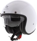 Witte MT Le Mans II helm met helder vizier, zwarte randafwerking met witte stiksels en rode kinbandsluiting.