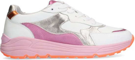Manfield - Dames - Witte leren sneakers met roze en metallic details - Maat 36