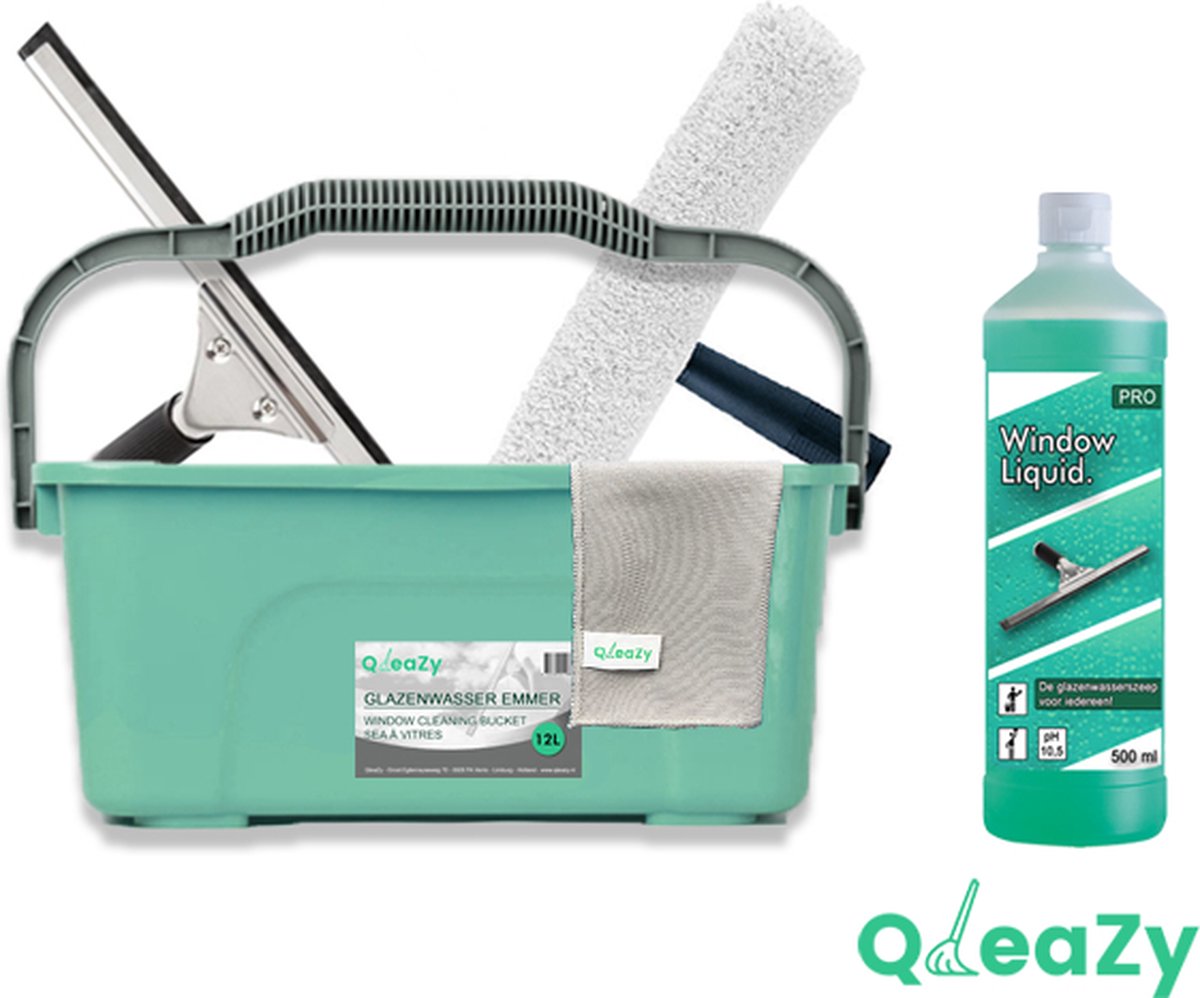 Goedkoopste Raamwisser 35cm Glazenwasserset - Ramen wassen met emmer 12ltr - Ramen Wassen - Glasdoek - QleaZy Liquid.