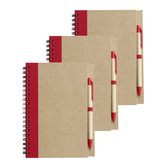 Notitie/opschrijf boekje met balpen - 6x - harde kaft - beige/rood - 18x13cm - 60blz gelinieerd - blocnotes