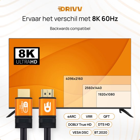 Drivv. Premium HDMI Kabel 2.1 - Ultra HD High Speed 8K - HDMI naar HDMI - Xbox Series X & PS5 - 3 meter - Oranje - Drivv.