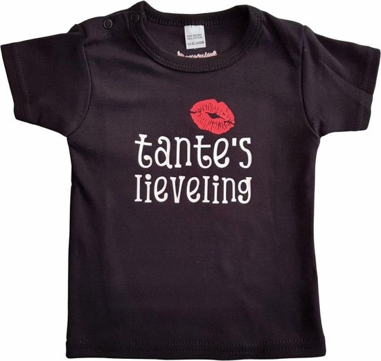 Zwart baby t-shirt met "Tante's lieveling" - maat 68 - babyshower, zwanger, cadeautje, kraamcadeau, grappig, geschenk, baby, tekst, bodieke