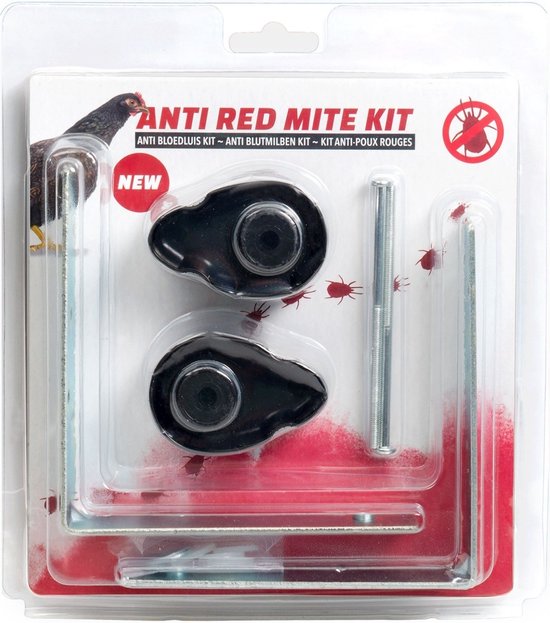 Verpakking van de ANTI RED MITE KIT met daarin twee zwarte houders, twee zilverkleurige beugels en twee bouten.