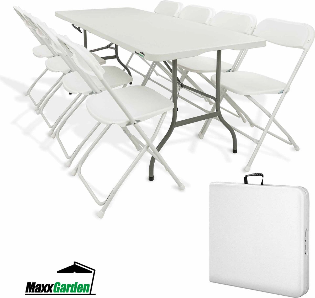 MaxxGarden Vouwtafel - Biertafel - picknick - wit - tafel met 8 stoelen