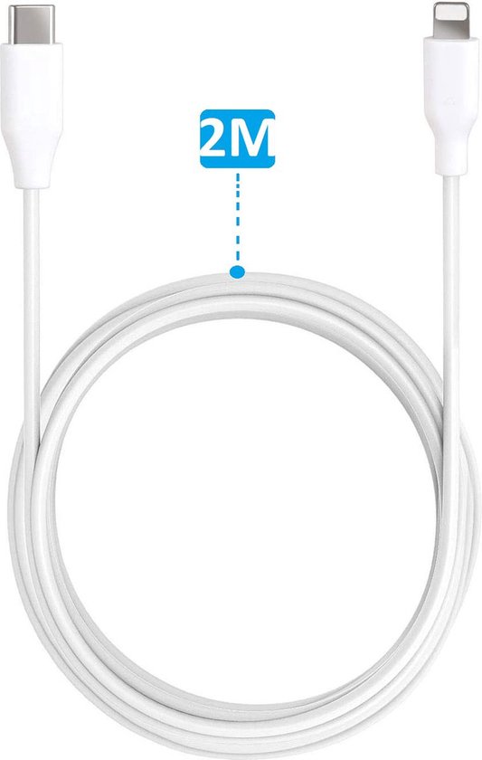 Duurzame USB C Snoer met 20W Snellaadfunctie - 2 Meter Lang - Voor iP14,13,12,11,X,Max,Pro,Plus,Mini - 1 Meter - Duurzaam TPE Rubber Kabels - Geschikt voor iPhone met Lightning Poort - Wit