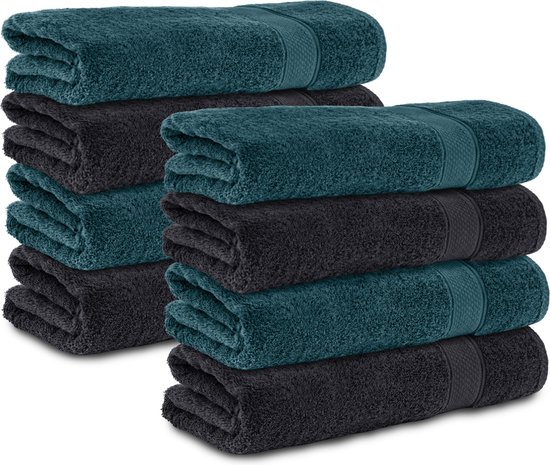Komfortec handdoeken – Set van 8 - Badhanddoek 50x100 cm - 100% Katoen - Zwart&Petroleumblauw