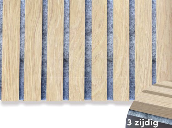 Adeqo Akupanel - Akoestische panelen - Natuurlijk Eiken grijs vilt 300 x 60 cm - Hout Wandpaneel - Millieuvriendelijk Materiaal - Akoestische Panelen - 3D Wandpanelen - Wandpanelen Hout
