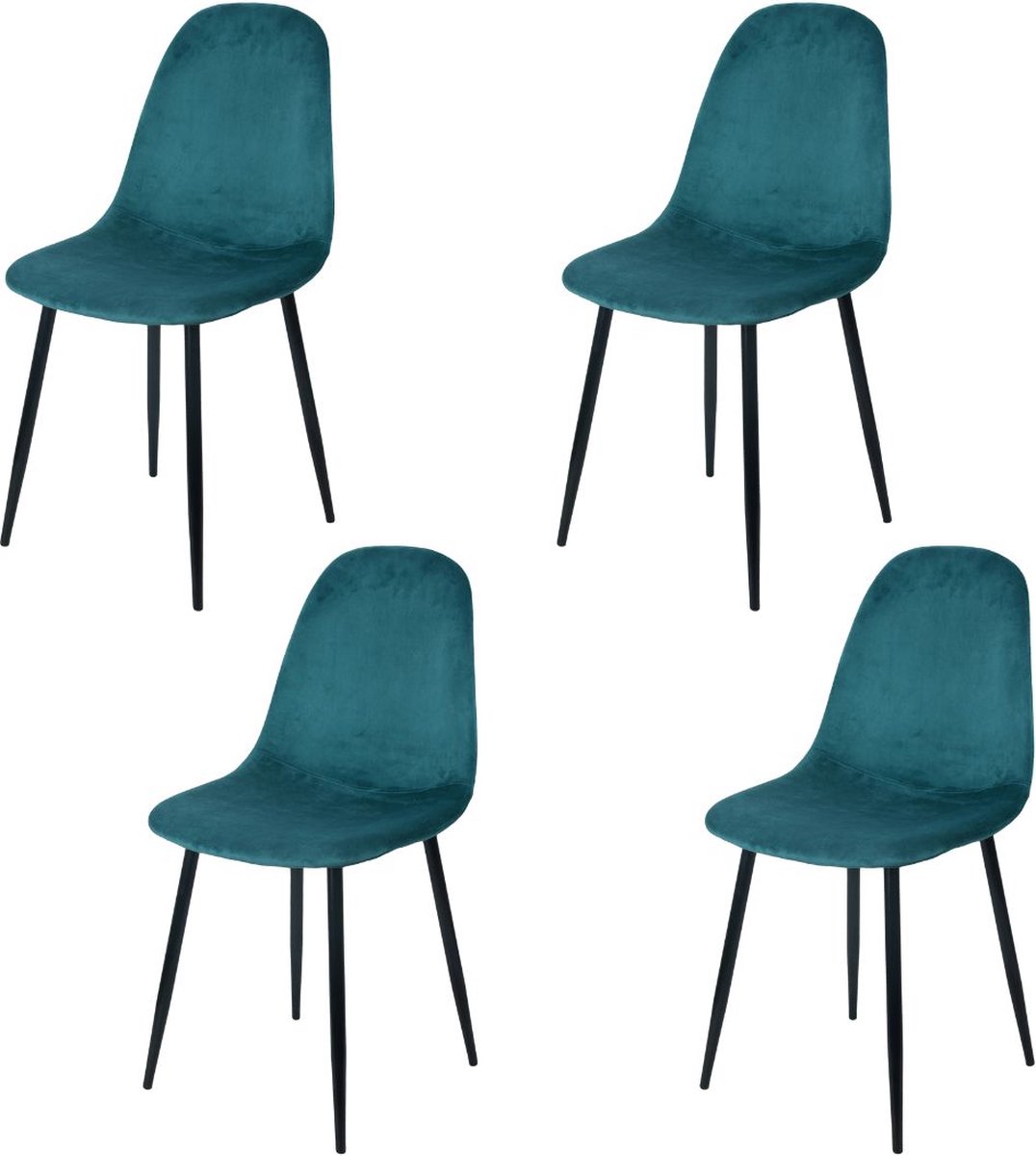 "INOUI" Set van 4 fluwelen stoelen in blauwgroen met zwarte metalen poten