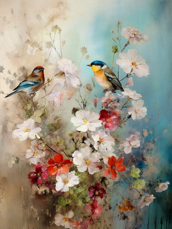 Vogels Met Bloemen Canvas - Realistic Photo Canvas Vogels -formaat - 50x70cm