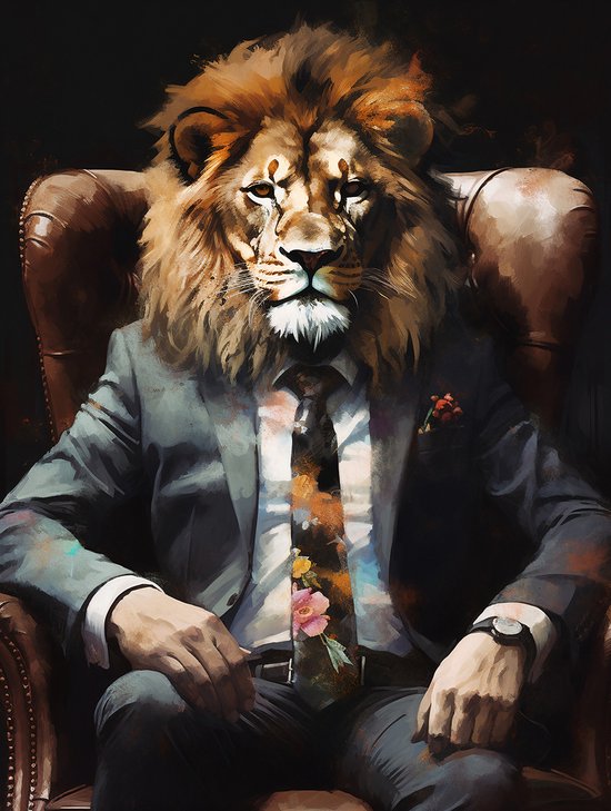 Lion Gangster Canvas - Realistic Painting Canvas - Half Man Half Leeuw -formaat - 60x90cm