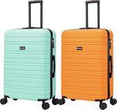 BlockTravel kofferset 2 delig ABS ruimbagage met dubbele wielen 95 liter - inbouw TSA slot - mint groen - oranje