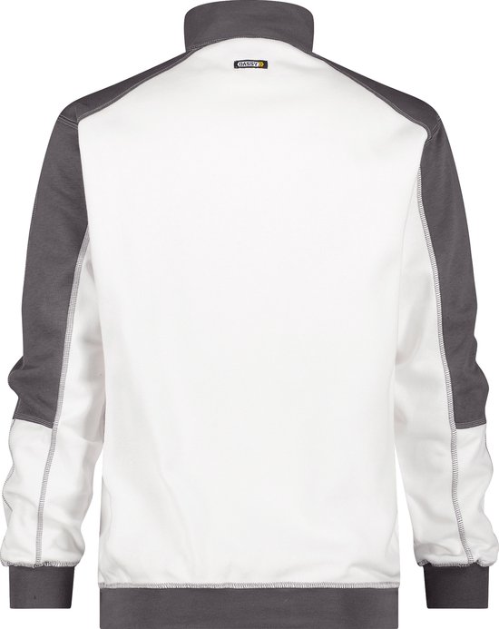 Achterkant van witte sweater met donkergrijze schouder- en mouwinzetstukken en een grijze boord.