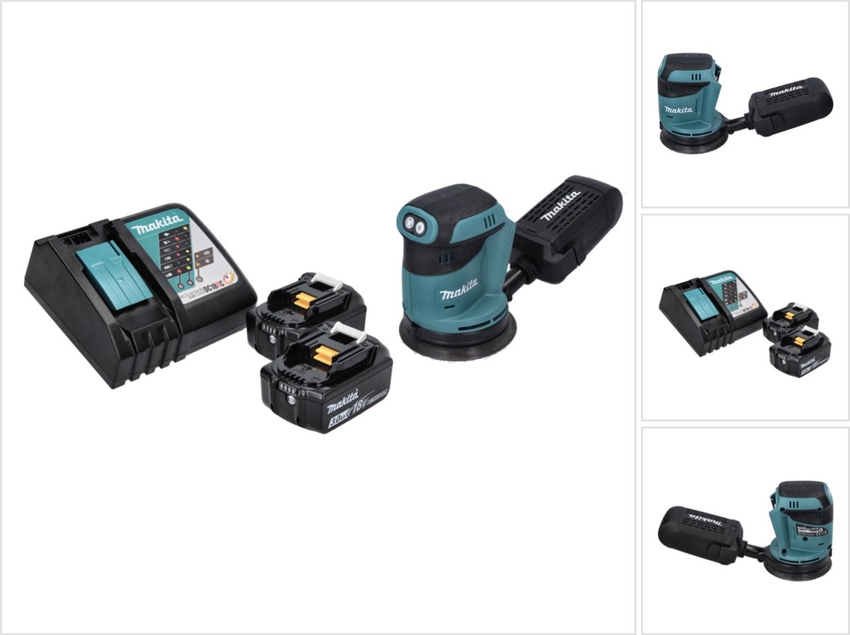 Makita DBO 180 RF accu excentrische schuurmachine 18 V 125 mm + 2x accu 3,0 Ah + oplader