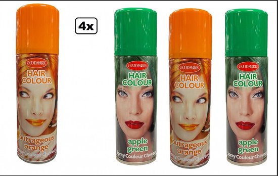 Foto: 4x haarspray oranje groen 125 ml word bezorgd in doos ivm beschadeging festival thema feest carnaval haar kleurspray party