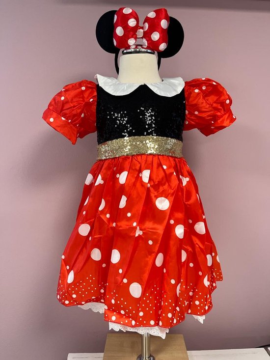 Feestjurk-verjaardagjurk-themafeest kleding-kleedje meisje-rood jurkje-diadeem-minnie-verkleedjurk-verkleedkleding meisje-dansjurk glitters-kinder verjaardag-girl-jurk Pip (mt 110/116)
