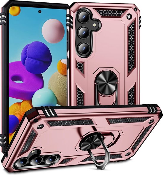 Coque de téléphone rose dorée avec anneau, écran et dos.