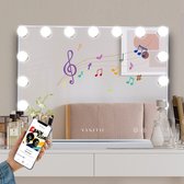 VANITII Hollywood Spiegel - Uitgerust met slimme muziek Bluetooth/USB oplaadpoort- Dimbare/3 licht LED make-up spiegels - Het beste cadeau -10x detailvergrootglas- Wit 58cm x 46cm