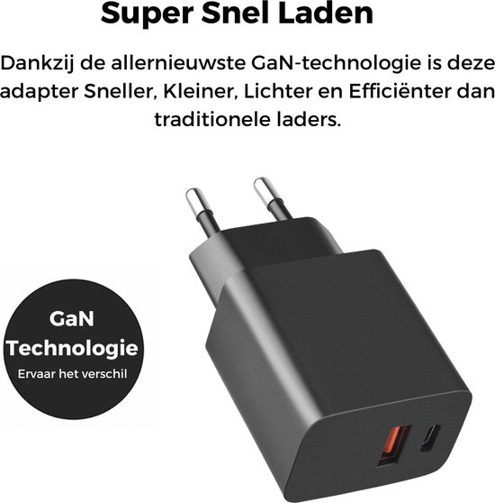 Chargeur Ultra rapide WiseQ 33 W - Double chargeur rapide Portes USB A et USB C - Convient pour Samsung, Huawei, Oppo, iPhone 15 et MacBook - Comprend USB-C de 1,2 m - Câble USB C - Zwart Premium